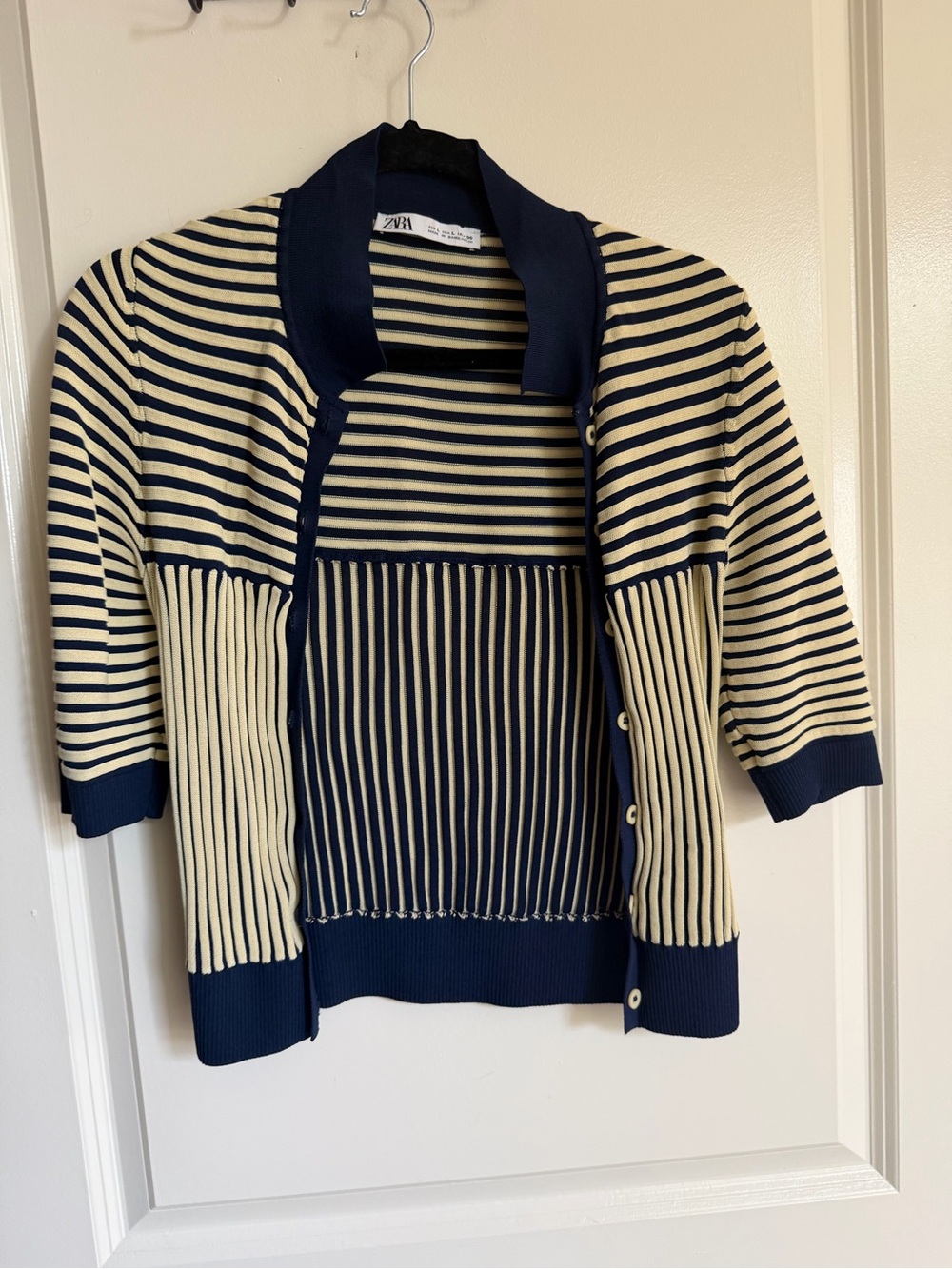 Zara Navy and Cream Striped Short-Sleeve Cardigan